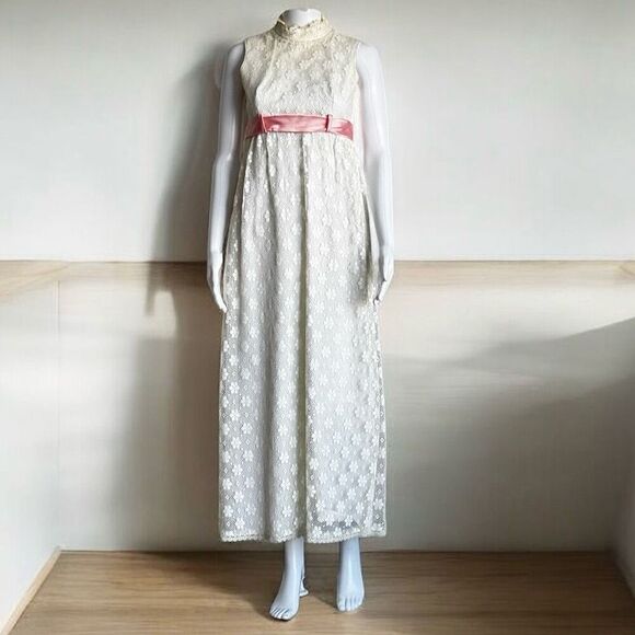 Vintage Saks Fifth Ave 60’s White Lace Pink Bows Dress - Picture 1 of 8